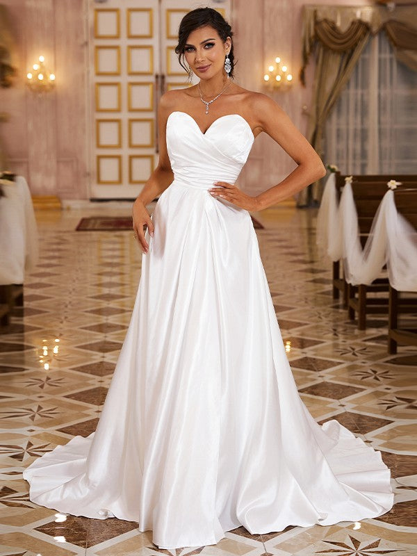 Wholesale A-Line/Princess Satin Ruched Sweetheart Sleeveless Sweep/Brush Train Wedding Dresses